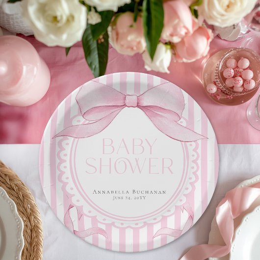 Pink Bow Girl Coquette Striped Baby Shower  Pappteller