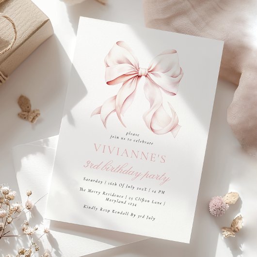 Pink Bow Girl Dritter Geburtstag Einladung