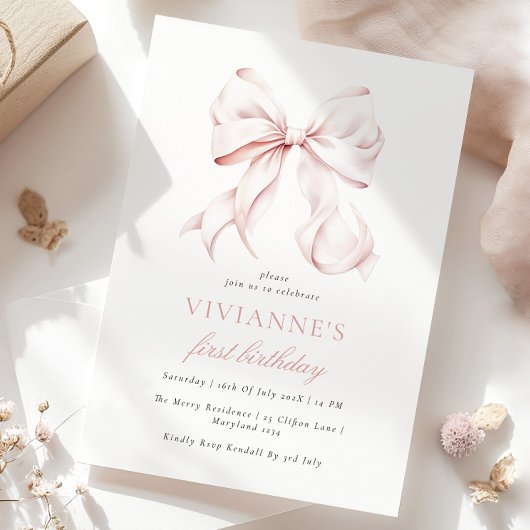 Pink Bow Girl Erster Geburtstag Einladung