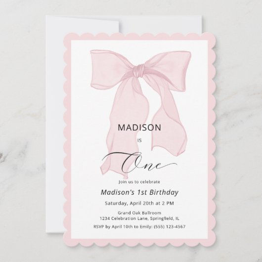 Pink Bow Girl Erster Geburtstag Einladung (Vorderseite)