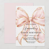 Pink Bow Girl First Birthday  Einladung (Vorne/Hinten)