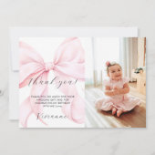 Pink Bow Girl First Birthday Flat Thank You Card Dankeskarte (Vorderseite)