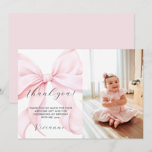 Pink Bow Girl First Birthday Flat Thank You Card Dankeskarte (Vorne/Hinten)