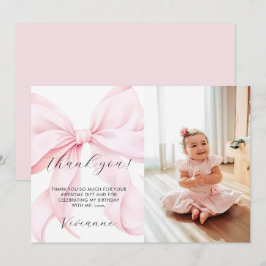 Pink Bow Girl First Birthday Flat Thank You Card Dankeskarte