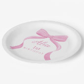 Pink Bow Girl First Birthday Pappteller (Schrägansicht)