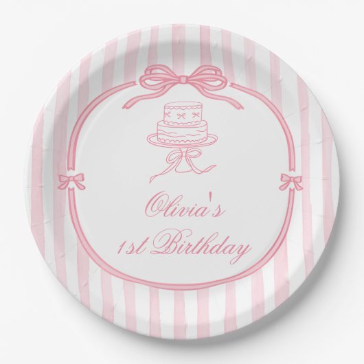 Pink Bow Girl First Birthday Pappteller (Vorderseite)