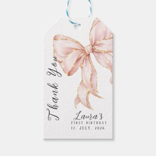 Pink Bow Girl First Birthday Party  Geschenkanhänger (Vorderseite)