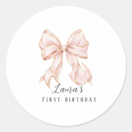 Pink Bow Girl First Birthday Party  Runder Aufkleber