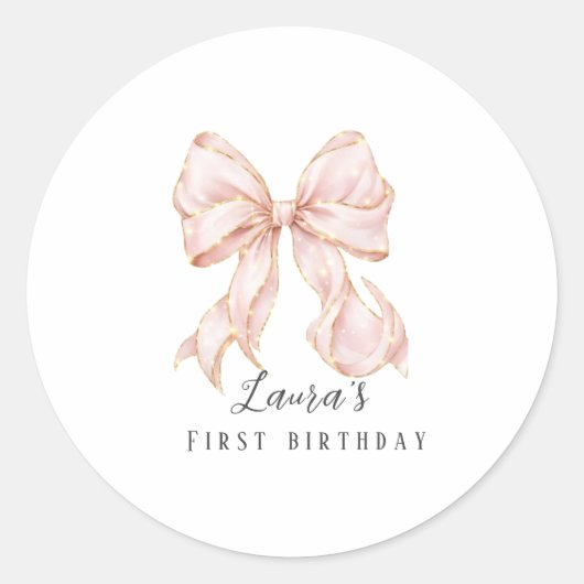 Pink Bow Girl First Birthday Party  Runder Aufkleber (Vorderseite)