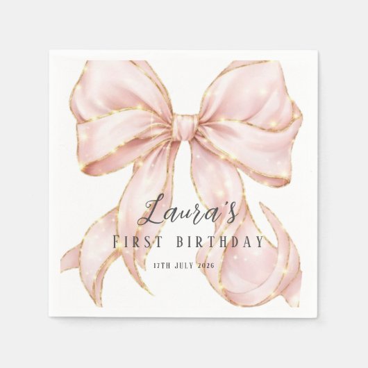 Pink Bow Girl First Birthday Party  Serviette (Vorderseite)