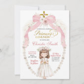 Pink Bow Girl Gebet Spanisch Primera Comunion Einladung (Vorderseite)