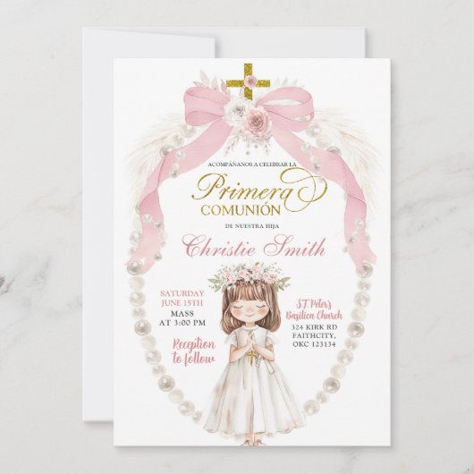 Pink Bow Girl Gebet Spanisch Primera Comunion Einladung (Vorderseite)