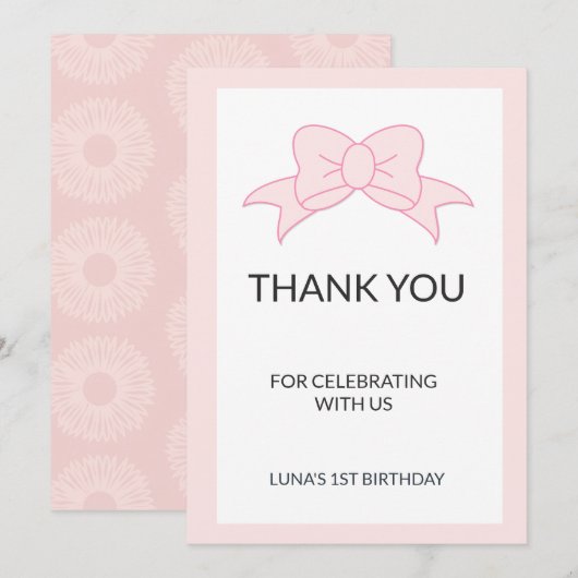 Pink Bow Girl Kids 1st Birthday  Dankeskarte (Vorne/Hinten)