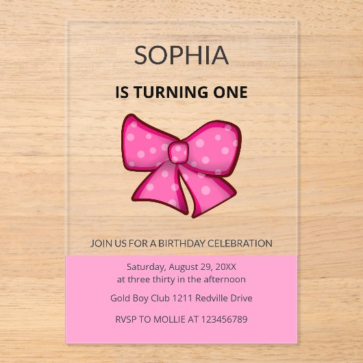 Pink Bow Girl Kids First Birthday  Acryleinladungen (Vorderseite)