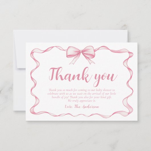 Pink Bow Girl Ribbon Babydusche Danke Karte (Vorderseite)