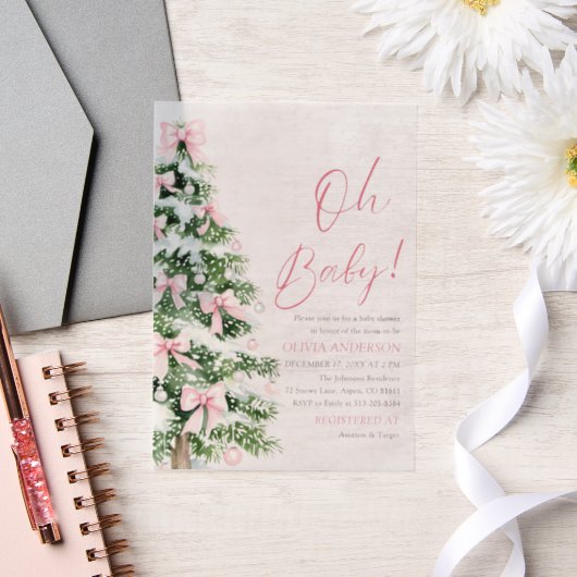 Pink Bow Girl Weihnachtsbaum Oh Baby Dusche Pergament Einladungen (Hochzeit)