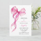 Pink Bow Girls 1. Geburtstag Einladung (Stehend Vorderseite)