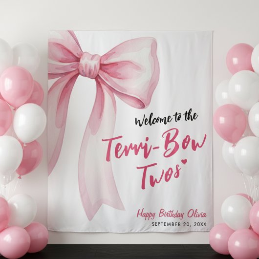 Pink Bow Girls 2nd Birthday Party Terrible Two Wandteppich