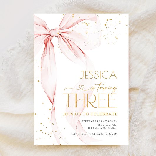 Pink Bow Girls 3rd Birthday  Einladung