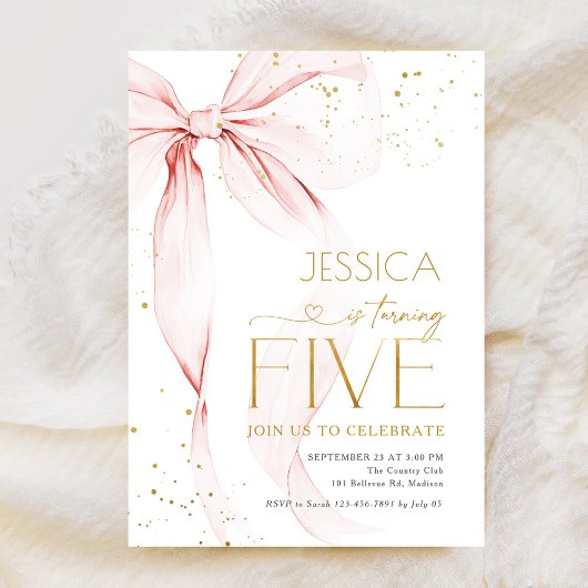 Pink Bow Girls 5th Birthday  Einladung
