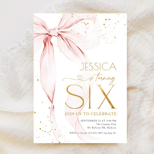 Pink Bow Girls 6th Birthday  Einladung