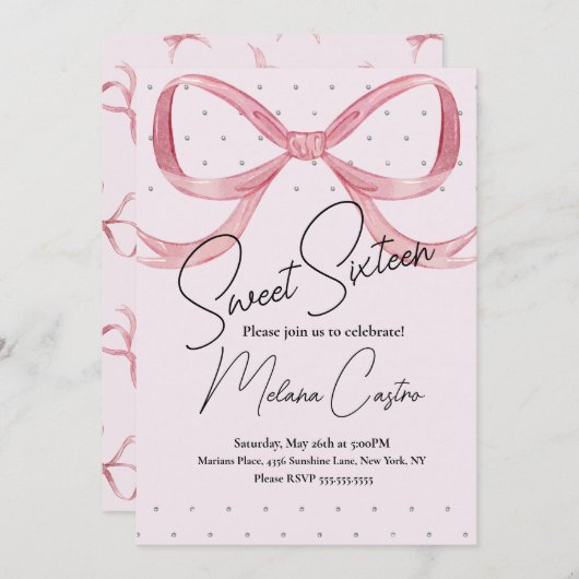 Pink Bow Girls Coquette Sweet 16 Geburtstag Einladung (Vorne/Hinten)