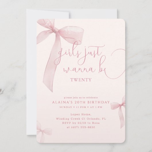 Pink Bow Girls Just Wanna be Twenty Birthday Einladung (Vorderseite)