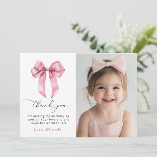 Pink Bow Girls wollen nur ein Foto sein Danke Einladung (Stehend Vorderseite)