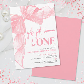 Pink Bow Girls wollen nur eins sein 1. Geburtstag Einladung