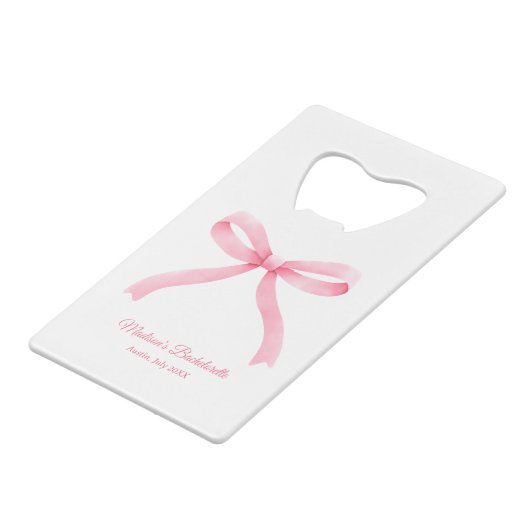 Pink Bow Girly Ästhetische Junggeselinnen-Abschied Geldbeutel Flaschenöffner (Vorderseite Schrägansicht)