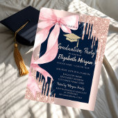 Pink Bow Glitter Grad Cap,Drips Navy Blue Einladung