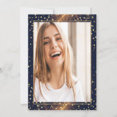 Pink Bow Glitter Grad Cap,Drips Photo Navy Blue Einladung (Rückseite)