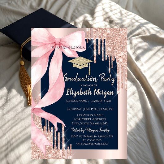 Pink Bow Glitter Grad Cap,Drips Photo Navy Blue   Einladung