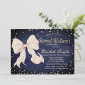 Pink Bow Gold Diamonds Navy Blue Sweet 16 Einladung (Stehend Vorderseite)