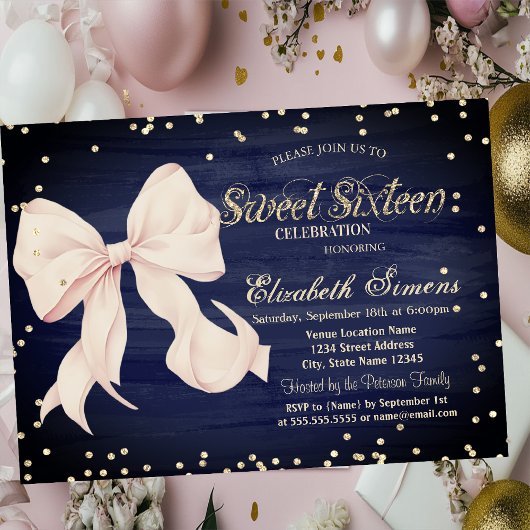 Pink Bow Gold Diamonds Navy Blue Sweet 16 Einladung