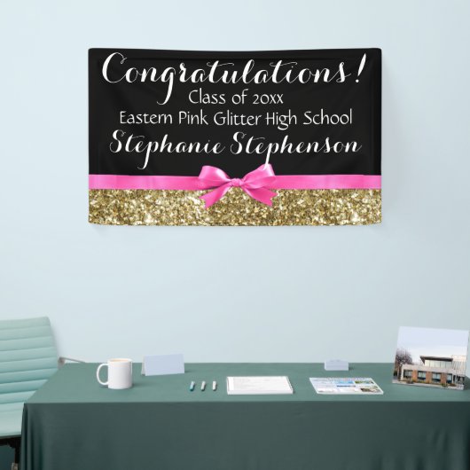 Pink Bow Gold Glitzer Girls Graduation Party Banner (Messeveranstaltung)