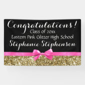Pink Bow Gold Glitzer Girls Graduation Party Banner (Horizontal)