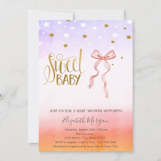 Pink Bow Gold Star Kinderdusche Einladung (Vorderseite)