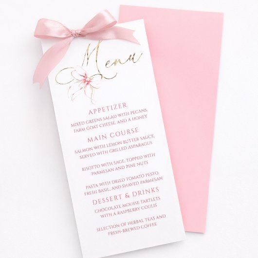 Pink Bow Gold Typography Elegant Party Menu Menükarte