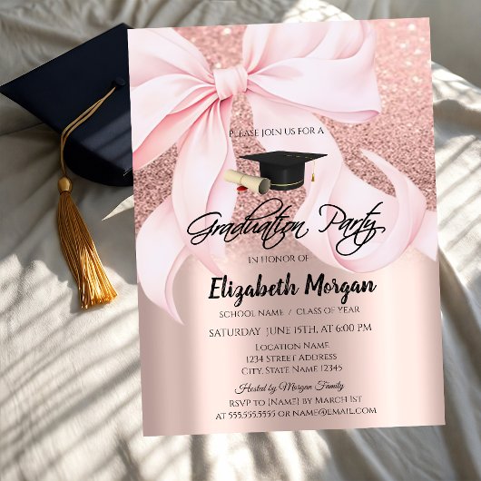 Pink Bow Grad Cap Rose Gold Glitter Graduation Einladung