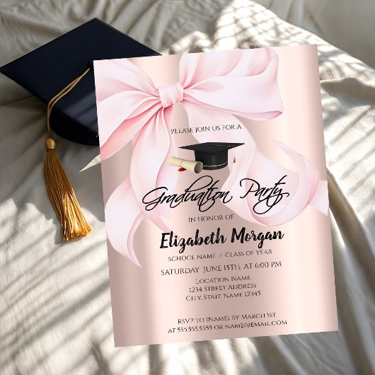 Pink Bow Grad Cap Rose Gold Your Photo Graduation Einladung