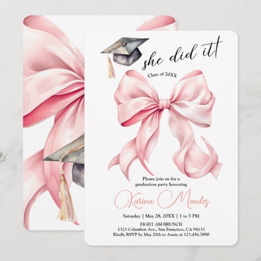 Pink Bow Graduation Invitation She Did it  Einladung (Vorne/Hinten)