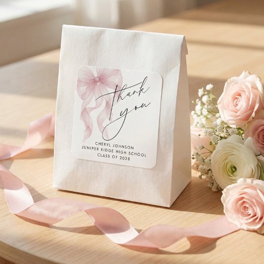 Pink Bow Graduation Thank You Quadratischer Aufkleber