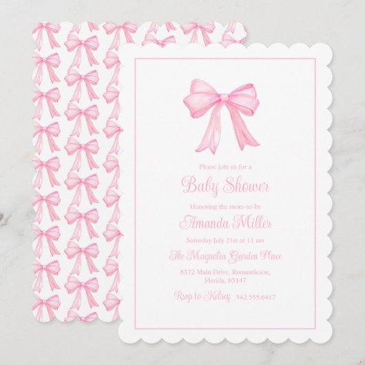 Pink Bow Grandmillennial Preppy Baby Dusche Einladung (Vorne/Hinten)