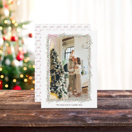 Pink Bow Green Garland Weihnachts-Foto Feiertagskarte