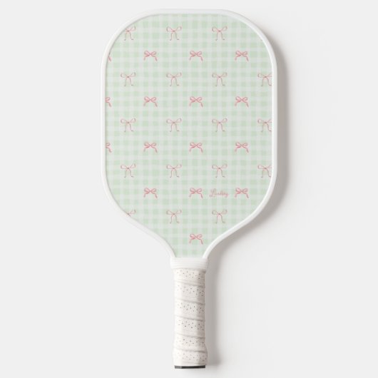 Pink Bow Green Gingham Personalisiert Name Pickleball Schläger (Vorderseite)