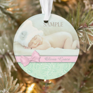 Pink Bow Green Pastel Baby 1. Weihnachtsfest Foto Ornament