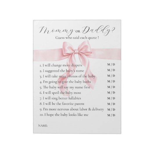 Pink Bow Gril Babyparty-Spiel: Mama oder Papa Notizblock (Rotiert)
