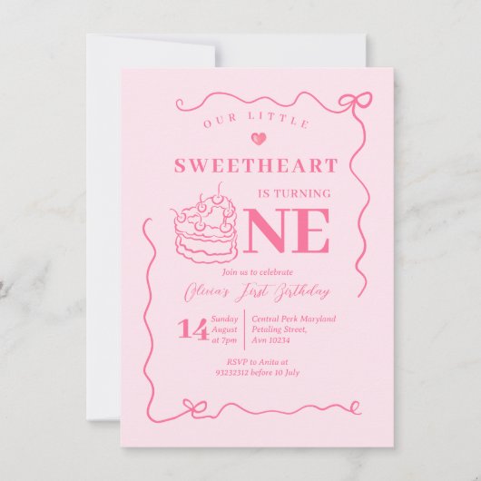 Pink Bow Handgezeichnete kleine Süße, die eine Einladung (Vorderseite)