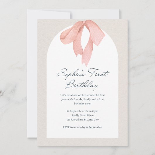 Pink Bow Happy Birthday Einladung (Vorderseite)